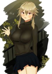 Rule 34 | 1girl, ahoge, arknights, black sweater, blue skirt, breasts, brown hair, fence, green background, grey eyes, hair between eyes, headset, highres, large breasts, long hair, long sleeves, mayer (arknights), ochazukeakino, off shoulder, open mouth, plant, ribbed sweater, short hair with long locks, simple background, skirt, smile, sunlight, sweater, text focus, thighs, turtleneck, turtleneck sweater, waving arm, white background
