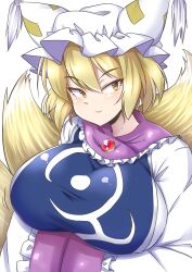 Rule 34 | 1girl, absurdres, animal ears, animal hat, blonde hair, breasts, dress, fox ears, fox tail, frilled dress, frills, hat, highres, huge breasts, long sleeves, mob cap, multiple tails, norori, revision, short hair, solo, tabard, tail, touhou, white dress, white hat, wide sleeves, yakumo ran, yellow eyes