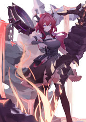 Rule 34 | 1girl, absurdres, arknights, armlet, black dress, chain, demon, demon girl, demon horns, dress, highres, holding, holding weapon, horns, long hair, looking ahead, purple eyes, red hair, shui buzhao de chong, spiked armlet, surtr (arknights), sword, thighhighs, weapon