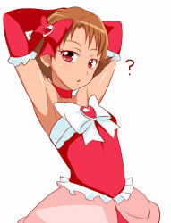 Rule 34 | 00s, 1girl, ?, arm warmers, armpits, arms behind head, arms up, bare shoulders, brown hair, choker, detached sleeves, dress, eyelashes, gloves, hair ornament, hair ribbon, heart, jabara tornado, looking at viewer, natsuki rin, pink skirt, precure, red dress, red eyes, red gloves, ribbon, short hair, simple background, sketch, skirt, solo, white background, yes! precure 5