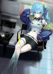Rule 34 | 1girl, belt, blood, blood on ground, blood on leg, blue blood, blue eyes, blue hair, cellphone, colored blood, crop top, earphones, earrings, highres, hololive, hoshimachi suisei, jacket, jacket partially removed, jewelry, knife, medium hair, midriff, navel, phone, scissors, shorts, side ponytail, sitting, smile, solo, thighs, virtual youtuber, vocaloid, yellow takano, yuurei tokyo (vocaloid)