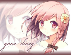 Rule 34 | 1girl, bare shoulders, blush, bow, braid, copyright name, flower, hair bow, hair flower, hair ornament, light smile, looking at viewer, pink eyes, pink hair, side braid, single braid, solo, waruiga, your diary, yua (your diary), zoom layer