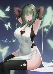 Rule 34 | 1girl, arm strap, armpits, arms behind head, arms up, black gloves, black leotard, black thighhighs, blush, breasts, bug, butterfly, china dress, chinese clothes, cleavage, cleavage cutout, clothing cutout, dress, elbow gloves, gloves, gold, green dress, green eyes, green hair, hair between eyes, hair ornament, hayabusa, highres, insect, large breasts, leotard, long hair, looking at viewer, mole, mole under eye, open mouth, original, side-tie costume, sidelocks, sitting, solo, tassel, thighhighs, very long hair