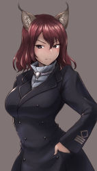 Rule 34 | 1girl, adriana visconti, animal ears, brown background, brown eyes, coat, commentary, hand in pocket, highres, liar lawyer, looking at viewer, red hair, short hair, simple background, solo, trench coat, world witches series
