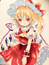 Rule 34 | 1girl, ascot, bat wings, blonde hair, crystal, flandre scarlet, hat, hat ribbon, highres, hiyuu (hiyualice), mob cap, multicolored wings, one side up, puffy short sleeves, puffy sleeves, red eyes, red vest, ribbon, short sleeves, side ponytail, skirt, skirt set, solo, star (symbol), touhou, traditional media, vest, white hat, wings, yellow ascot