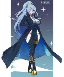 Rule 34 | .live, 1girl, belt, blue hair, boots, breasts, character name, cleavage, commentary request, full body, gloves, grey eyes, hair between eyes, hair ornament, jacket, large breasts, long hair, looking at viewer, rikumu, rune (ru-nn), smile, solo, thigh boots, thighhighs, very long hair, virtual youtuber