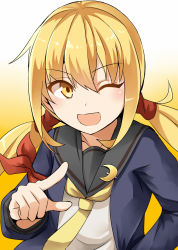 Rule 34 | 1girl, armband, blonde hair, blue jacket, commentary request, crescent, crescent pin, dated, gradient background, highres, jacket, kamelie, kantai collection, long hair, neckerchief, one eye closed, pointing, satsuki (kancolle), satsuki kai ni (kancolle), school uniform, serafuku, smile, solo, twintails, upper body, white background, yellow background, yellow eyes, yellow neckerchief