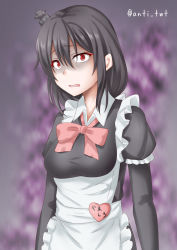Rule 34 | 1girl, alternate costume, anti (untea9), apron, aura, black background, black dress, black hair, breasts, collared dress, cowboy shot, dress, enmaided, frilled apron, frills, gradient background, hair ornament, highres, kantai collection, long sleeves, looking at viewer, maid, maid apron, medium breasts, open mouth, poison, puffy long sleeves, puffy sleeves, red eyes, shaded face, short hair, solo, twitter username, white apron, wrist cuffs, yamashiro (kancolle)