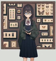 Rule 34 | 1girl, arm at side, beetle, black-framed eyewear, blue eyes, blush, book, bow, braid, brown hair, bug, butterfly, dot nose, dragonfly, dress, dress shirt, feet out of frame, framed, framed insect, glasses, green jacket, hair over shoulder, highres, holding, holding book, insect, jacket, long sleeves, looking at viewer, medium hair, moth, nail polish, neck ribbon, open clothes, open jacket, original, picture frame, pinafore dress, pleated skirt, red bow, ribbon, shirt, skirt, sleeveless, sleeveless dress, smile, solo, stag beetle, standing, teshima nari, too many, too many butterflies, twin braids, twintails, white shirt