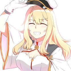 Rule 34 | 1girl, bad id, bad pixiv id, blonde hair, blush, closed eyes, gloves, grin, hat, highres, holding, holding clothes, holding hat, kongou (warship girls r), lulu heika, peaked cap, smile, solo, torn clothes, unworn hat, unworn headwear, warship girls r, white gloves, wide sleeves