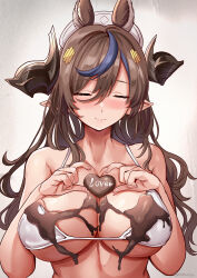 Rule 34 | animal ears, bare shoulders, bikini, blue hair, breasts, brown hair, candy, chocolate, chocolate heart, closed eyes, closed mouth, commentary request, extra ears, food, galleon (granblue fantasy), granblue fantasy, hair ornament, hat, heart, highres, himuro shunsuke, horns, large breasts, long hair, multicolored hair, pointy ears, smile, solo, streaked hair, swimsuit, underboob, upper body, white bikini, white hat