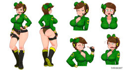 Rule 34 | 1girl, :3, ass, black footwear, black gloves, blush, boots, bouncing breasts, bow, breasts, brown hair, brown panties, cleavage, collarbone, dakunart, fingerless gloves, from behind, gloves, green eyes, green jacket, grin, hair bow, hand on own hip, headset, highres, index finger raised, jacket, large breasts, long sleeves, looking at viewer, open mouth, panties, short hair, smile, standing, sweat, teeth, thigh strap, underwear, upper body, white background