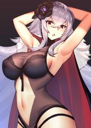 Rule 34 | 1girl, :o, arched back, armpits, arms behind head, azur lane, bad id, bad pixiv id, bare arms, black background, black one-piece swimsuit, breasts, cape, cleavage, clothing cutout, cowboy shot, dakunesu, flower, graf zeppelin (azur lane), graf zeppelin (beachside urd) (azur lane), hair between eyes, hair flower, hair ornament, highleg, highleg swimsuit, highres, large breasts, long hair, looking at viewer, navel, navel cutout, one-piece swimsuit, silver hair, simple background, solo, swimsuit, thighs