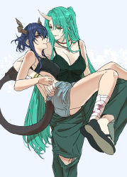 Rule 34 | 2girls, arknights, bandaged leg, bandages, bare shoulders, black tank top, blue hair, blue shorts, bracelet, breasts, carrying, ch&#039;en (arknights), cleavage, crop top, dragon girl, dragon horns, dragon tail, green hair, green pants, green tank top, highres, horns, hoshiguma (arknights), jewelry, large breasts, looking at another, multiple girls, necklace, nobita (makoto7060355), official alternate costume, pants, princess carry, red eyes, shorts, single horn, skin-covered horns, smile, tail, tank top, white background, yellow eyes, yuri