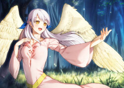 Rule 34 | 1girl, :d, absurdres, alternate universe, collarbone, dress, feathered wings, fire emblem, fire emblem: radiant dawn, forest, grey hair, hair ribbon, half updo, highres, long dress, long hair, long sleeves, looking to the side, micaiah (fire emblem), music, nature, nintendo, open mouth, outdoors, pink dress, ribbon, s n reon, singing, smile, solo, tree, very long hair, white wings, wings, yellow eyes