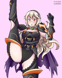 Rule 34 | 1girl, armor, armored leotard, armpits, artist name, barefoot, black armor, black cape, black gloves, black hairband, black thighhighs, blush, breasts, cape, corrin (female) (fire emblem), corrin (female) (nohr noble) (fire emblem), corrin (fire emblem), dated, embarrassed, eyelashes, female focus, fire emblem, fire emblem fates, flexible, gauntlets, gloves, gluteal fold, groin, hair between eyes, hairband, hands up, highres, intelligent systems, jarckius, large breasts, leg up, legs, leotard, long hair, looking at viewer, neckerchief, nintendo, official alternate costume, parted bangs, parted lips, pink background, pointy ears, red eyes, revealing clothes, shiny skin, shoulder armor, sidelocks, simple background, sleeveless, spread legs, standing, standing on one leg, thick thighs, thighhighs, thighs, tight clothes, torn cape, torn clothes, wavy hair, white hair