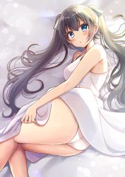 Rule 34 | 1girl, ass, backlighting, bad id, bad pixiv id, bare arms, bare shoulders, black hair, blue eyes, blush, breasts, closed mouth, commentary request, dress, feet out of frame, grey ribbon, hair between eyes, hair ribbon, highres, looking at viewer, lying, medium breasts, minami saki, moe2020, on side, original, panties, ribbon, sidelocks, sleeveless, sleeveless dress, solo, twintails, underwear, white dress, white panties