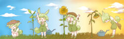 Rule 34 | 1girl, :3, ^ ^, absurdres, arm up, arms up, blue sky, blush, bowing, closed eyes, commentary, day, evening, flower, gradient sky, grass, green brooch, green footwear, green hair, green shorts, growth, hat, highres, holding, holding clothes, holding hat, holding watering can, long hair, low ponytail, measuring, multiple views, neck ribbon, orange sky, pink ribbon, puffy short sleeves, puffy shorts, puffy sleeves, ribbon, shirt, short sleeves, shorts, sky, smile, sprout, squatting, standing, sun hat, sunflower, suspender shorts, suspenders, time lapse, umiuchi kei, v-shaped eyebrows, very long hair, voicevox, watering can, white shirt, wilted flower, yellow eyes, zundamon