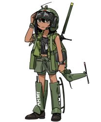Rule 34 | 1girl, aircraft, anyan (jooho), bag, bandaged arm, bandages, black footwear, black hair, black shirt, brown eyes, closed mouth, commentary, cross, dark-skinned female, dark skin, dog tags, english commentary, full body, green shorts, hand on own head, headset, helicopter, helmet, highres, looking at viewer, mecha musume, medium hair, navel, original, pocket, red cross, rotor, shirt, shorts, simple background, sleeveless, solo, standing, uh-1 iroquois, united states army, vest, watch, white background, wristwatch