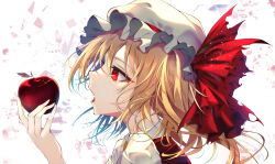Rule 34 | 1girl, absurdres, apple, ascot, blonde hair, bright pupils, close-up, commentary request, eyelashes, fang, fingernails, flandre scarlet, floating hair, food, from side, fruit, hair between eyes, hat, hat ribbon, highres, holding, holding food, holding fruit, light particles, looking at food, medium hair, mob cap, one side up, open mouth, portrait, profile, red apple, red eyes, red ribbon, ribbon, simple background, solo, touhou, tsurime, white background, white hat, wing collar, yamanakaume, yellow ascot