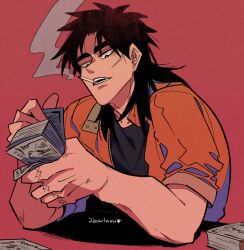 Rule 34 | 1boy, banknote, black eyes, black hair, black shirt, brown jacket, cigarette, commentary request, counting money, facial scar, highres, inudori, itou kaiji, jacket, kaiji, long hair, male focus, medium bangs, money, open clothes, open jacket, open mouth, parted bangs, red background, scar, scar on cheek, scar on ear, scar on face, scar on hand, shirt, short sleeves, simple background, sleeves rolled up, smoke, smoking, solo, upper body