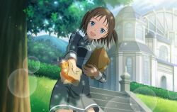 Rule 34 | 1girl, :d, bag, blue eyes, blurry, blurry background, brown hair, day, dress, food, from below, game cg, grey dress, holding, holding bag, holding food, lens flare, long sleeves, looking at viewer, medium hair, open mouth, outdoors, paper bag, pleated dress, ronye arabel, school uniform, short dress, smile, solo, sparkle, sword art online, sword art online: alicization, sword mastery academy school uniform, tree, two side up, wing collar