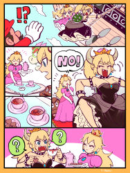 Rule 34 | 1boy, 2girls, ?, armlet, bare shoulders, black dress, blonde hair, blue eyes, bowser, bowsette, bracelet, breasts, cleavage, closed eyes, collar, comic, crown, cup, dress, fangs, gem, graphite (medium), highres, horns, jewelry, kidnapping, looking at another, mario, mario (series), mechanical pencil, multiple girls, new super mario bros. u deluxe, nintendo, no, open mouth, pencil, pink dress, ponytail, princess peach, rope, sharp teeth, speech bubble, spiked bracelet, spiked collar, spikes, spoken question mark, strapless, strapless dress, super crown, tea, teacup, teeth, traditional media, turtle shell