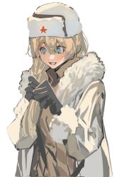 Rule 34 | 1girl, black gloves, blonde hair, blue eyes, brown shirt, corrupted twitter file, fur-trimmed jacket, fur-trimmed sleeves, fur trim, girls&#039; frontline, gloves, hair between eyes, highres, holding own hair, jacket, long hair, long sleeves, mosin-nagant (girls&#039; frontline), mosin-nagant (mod3) (girls&#039; frontline), official alternate costume, open mouth, red star, shirt, solo, star (symbol), white background, white fur, white headwear, white jacket, yongsadragon