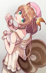 Rule 34 | 1girl, animal ear fluff, animal ears, ayunda risu, ayunda risu (1st costume), bare arms, beret, blush, breasts, brown hair, dress, from behind, green eyes, hair ornament, hand on own chest, hat, highres, holding, holding own hair, hololive, hololive indonesia, itaboon, leaf hair ornament, long hair, looking at viewer, looking back, multicolored hair, open mouth, pink hat, smile, solo, squirrel ears, squirrel girl, squirrel tail, standing, strap slip, streaked hair, tail, virtual youtuber, white dress, white hair