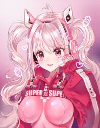 Rule 34 | 1girl, :q, alice (nikke), animal ear headphones, animal ears, blush, bodysuit, breasts, clothes writing, covered erect nipples, cropped jacket, eyelashes, fake animal ears, fake whiskers, gloves, goddess of victory: nikke, gradient background, hair intakes, headphones, headset, heart, highres, impossible bodysuit, impossible clothes, jacket, kettyamine, large breasts, latex, latex bodysuit, long hair, pink bodysuit, pink eyes, pink gloves, pink hair, pink theme, puffy sleeves, red jacket, sidelocks, skin tight, sleeves past wrists, solo, star (symbol), tongue, tongue out, twintails, two-tone gloves, upper body, white gloves