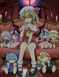 Rule 34 | 1girl, between legs, blonde hair, blue hair, bow, button eyes, buttons, character doll, cirno, embodiment of scarlet devil, flandre scarlet, full moon, goten (510gensoku), hair bow, hair ribbon, hand between legs, izayoi sakuya, mary janes, moon, night, patchouli knowledge, purple hair, red eyes, red moon, remilia scarlet, ribbon, rumia, shoes, short hair, silver hair, sitting, solo, stuffed toy, touhou, wings