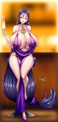 Rule 34 | 1girl, alcohol, alternate breast size, areola slip, bad tag, blurry, blurry background, blush, breasts, champagne, dress, earrings, fate (series), full body, gigantic breasts, glass, gold, heels, jewelry, long hair, minamoto no raikou (fate), necklace, open mouth, purple dress, purple eyes, purple hair, ryusuke kh, sitting, smile