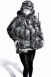 Rule 34 | 1girl, ammunition pouch, blush, bob cut, chest rig, goggles, goggles on head, greyscale, gun, handgun, highres, holding, holding gun, holding weapon, hood, hood down, jacket, looking to the side, migrainxxl, monochrome, original, pouch, radio, screentones, short hair, thigh strap, thighhighs, weapon