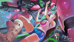 Rule 34 | 1girl, artist name, bandage on face, bandaged arm, bandages, brown hair, cast, d.va (overwatch), headphones, heart, highres, holographic interface, klyn, knee up, korean text, leg cast, long hair, looking at viewer, mecha, meka (overwatch), nano cola, open mouth, overwatch, overwatch 1, reclining, robot, short shorts, shorts, sitting, tank top, thermos, watermark, web address, wire, wrench