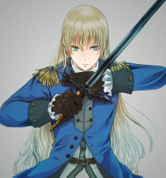 Rule 34 | 1boy, belt, black gloves, blonde hair, blue eyes, d&#039;eon de beaumont, epaulettes, gloves, grey background, highres, holding, holding sword, holding weapon, le chevalier d&#039;eon, leah (1tsumi), long hair, long sleeves, male focus, solo, standing, sword, very long hair, weapon