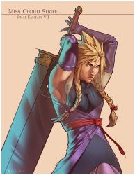 Rule 34 | 1990s (style), 1boy, 1girl, armpits, blue eyes, braid, breasts, buster sword, cloud strife, crossdressing, dress, elbow gloves, fighting stance, final fantasy, final fantasy vii, gloves, hair ribbon, highres, huge weapon, jamal campbell, long hair, over shoulder, purple gloves, retro artstyle, ribbon, sleeveless, sleeveless turtleneck, small breasts, spiked hair, toned, turtleneck, twin braids, wall market, weapon, weapon over shoulder