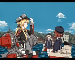 Rule 34 | 10s, 3girls, any (lucky denver mint), blonde hair, blue eyes, brown hair, gloves, hat, kantai collection, letterboxed, long hair, multiple girls, open mouth, peaked cap, prinz eugen (kancolle), short hair, smile, turret, twintails, uniform, z1 leberecht maass (kancolle), z3 max schultz (kancolle)