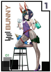 Rule 34 | 1girl, absurdres, animal ears, b.d, bare shoulders, belt, bottle, bow, bowtie, breasts, covered navel, cup, detached collar, drinking glass, eyeliner, fake animal ears, fate/grand order, fate (series), fishnet pantyhose, fishnets, full body, gourd, headpiece, high heels, highleg, highleg leotard, highres, horns, leotard, looking at viewer, makeup, oni, pantyhose, playboy bunny, pointy ears, purple eyes, purple footwear, purple hair, purple leotard, rabbit ears, short eyebrows, short hair, shuten douji (fate), skin-covered horns, small breasts, smile, solo, stool, thigh strap, wine bottle, wine glass, wrist cuffs