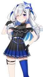 Rule 34 | 1girl, absurdres, amane kanata, amane kanata (work), asymmetrical bangs, belt, black dress, black gloves, blue belt, blue dress, blue hair, blush, colored inner hair, cowboy shot, double v, dress, fang, gloves, gradient dress, grey hair, hair ornament, hair over one eye, hairclip, highres, hololive, jacket, jewelry, long hair, long sleeves, looking at viewer, momip, multicolored hair, necklace, official alternate hair length, official alternate hairstyle, open mouth, partially fingerless gloves, pleated dress, puffy long sleeves, puffy sleeves, simple background, single hair intake, single thighhigh, skin fang, smile, solo, star (symbol), star necklace, thighhighs, two side up, v, virtual youtuber, white background, white jacket