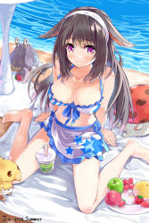 Rule 34 | 10s, 1girl, animal ears, bare shoulders, barefoot, bikini, bird, black hair, blush, breasts, brown hair, character request, chicobo, chocobo, cleavage, covered erect nipples, crab, dated, final fantasy, final fantasy xiv, food, front-tie bikini top, front-tie top, fruit, jojofon, long hair, looking at viewer, miqo&#039;te, pink eyes, plate, sarong, sitting, slug, smile, solo, swimsuit, wariza, warrior of light (ff14)