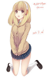 Rule 34 | 10s, 1girl, 2012, blonde hair, brown eyes, cardigan, character name, dated, hairband, highres, itsui (dihydrogenmonoxid), kise yayoi, kneehighs, kneeling, loafers, looking at viewer, minase yuu, necktie, open mouth, pleated skirt, precure, school uniform, shoes, short hair, simple background, skirt, smile precure!, socks, solo, sweater, translation request, white background, white hairband, white socks, yellow eyes