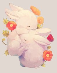 Rule 34 | animal, animal focus, artist name, bad id, bad pixiv id, rabbit, commentary request, closed eyes, flower, flower request, grey background, highres, manino (mofuritaionaka), no humans, orange flower, original, red flower, signature, sleeping