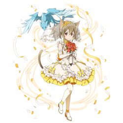 Rule 34 | 1girl, animal ears, bouquet, bridal veil, brown hair, cat ears, cat tail, dress, elbow gloves, flower, full body, gloves, hair between eyes, holding, holding bouquet, long hair, looking at viewer, mini dragon, pantyhose, pina (sao), red eyes, red flower, ribbon, short dress, silica, silica (sao-alo), sleeveless, sleeveless dress, smile, solo, standing, sword art online, tail, transparent background, veil, wedding dress, white dress, white gloves, white pantyhose, yellow ribbon