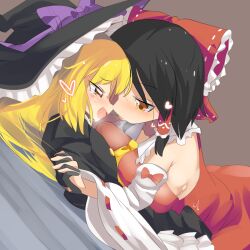 Rule 34 | 1boy, 1girl, after kiss, ascot, black coat, black gloves, black hair, black hat, blonde hair, blush, bow, braid, breast press, breasts, brown background, bulge, buttons, coat, commentary request, cookie (touhou), cowboy shot, crossdressing, detached sleeves, erection, erection under clothes, fang, frilled bow, frilled hair tubes, frills, genderswap, genderswap (ftm), gloves, hair bow, hair tubes, hakurei reimu, hat, hetero, highres, kirisame marisa, large breasts, lets0020, long hair, looking at another, medium bangs, open mouth, purple bow, red bow, red shirt, red skirt, rei (cookie), ribbon-trimmed sleeves, ribbon trim, sananana (cookie), shirt, short hair, single braid, skirt, skirt set, sleeve bow, sleeveless, sleeveless shirt, touhou, trap, white sleeves, wide sleeves, witch hat, yellow ascot, yellow eyes