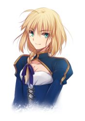 Rule 34 | 1girl, ahoge, alternate hairstyle, artoria pendragon (fate), blonde hair, braid, breasts, cleavage cutout, clothing cutout, corset, fate/stay night, fate (series), green eyes, hair over shoulder, hair ribbon, lowres, puffy sleeves, ribbon, saber (fate), single braid, small breasts, smile, solo, tusia