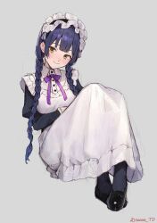 Rule 34 | 1girl, absurdres, black footwear, black shirt, blue hair, blush, braid, closed mouth, commentary request, dress, full body, grey background, head tilt, highres, juliet sleeves, knees up, long hair, long sleeves, looking at viewer, low twin braids, maid, maid headdress, mole, mole under eye, nijisanji, puffy sleeves, shirt, shizuka rin, shizuka rin (14th costume), short hair, simple background, sitting, smile, solo, sooon, twin braids, white dress, yellow eyes