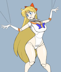 Rule 34 | 1girl, aino minako, arms up, bishoujo senshi sailor moon, blonde hair, blue eyes, blue sailor collar, blush, bow, choker, creepy, crescent, crescent earrings, doll, doll joints, earrings, empty eyes, hair ornament, heart, heart choker, highres, jewelry, joints, lipstick, long hair, makeup, nikujuu uc, no humans, parted bangs, puppet strings, restrained, sailor collar, sailor venus, shaded face, simple background, solo, standing, sweat, tiara, very long hair