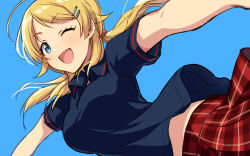 Rule 34 | 1girl, ;d, ahoge, asada hachi, blonde hair, blue background, blue eyes, blue shirt, blush, breasts, collared shirt, commentary request, dutch angle, floating hair, hachimiya meguru, hair ornament, hairclip, happy, idolmaster, idolmaster shiny colors, large breasts, long hair, midriff peek, one eye closed, open mouth, plaid, plaid skirt, ponytail, red skirt, shirt, simple background, skirt, smile, solo