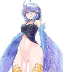 Rule 34 | 10s, 1girl, absurdres, ahoge, blue hair, blue wings, bottomless, breasts, clitoris, covered erect nipples, cowboy shot, feathered wings, gluteal fold, harpy, highres, kawasumi (tk2k jade), monster girl, monster musume no iru nichijou, navel, open mouth, papi (monster musume), pussy, simple background, small breasts, solo, uncensored, white background, winged arms, wings, yellow eyes