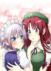 Rule 34 | 2girls, bad id, bad pixiv id, beret, blue dress, blue eyes, blush, braid, dress, finger in another&#039;s mouth, hair ribbon, hat, hong meiling, izayoi sakuya, long hair, looking at another, looking to the side, maid, maid headdress, multiple girls, puffy short sleeves, puffy sleeves, red hair, ribbon, short sleeves, silver hair, star (symbol), sui-sakura, touhou, tress ribbon, twin braids, upper body, yuri